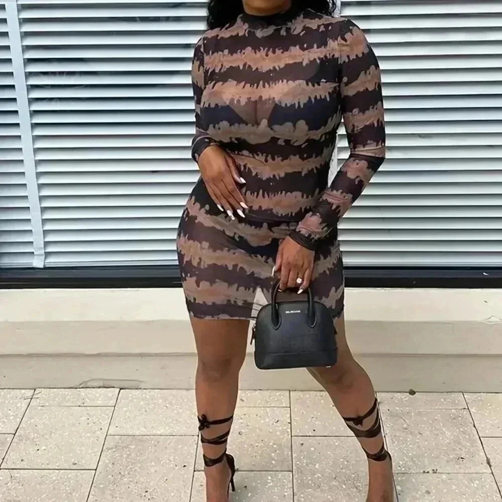 Geometric Pattern Semi Sheer Crewneck Mini Dress {Color: Navy/Tan)